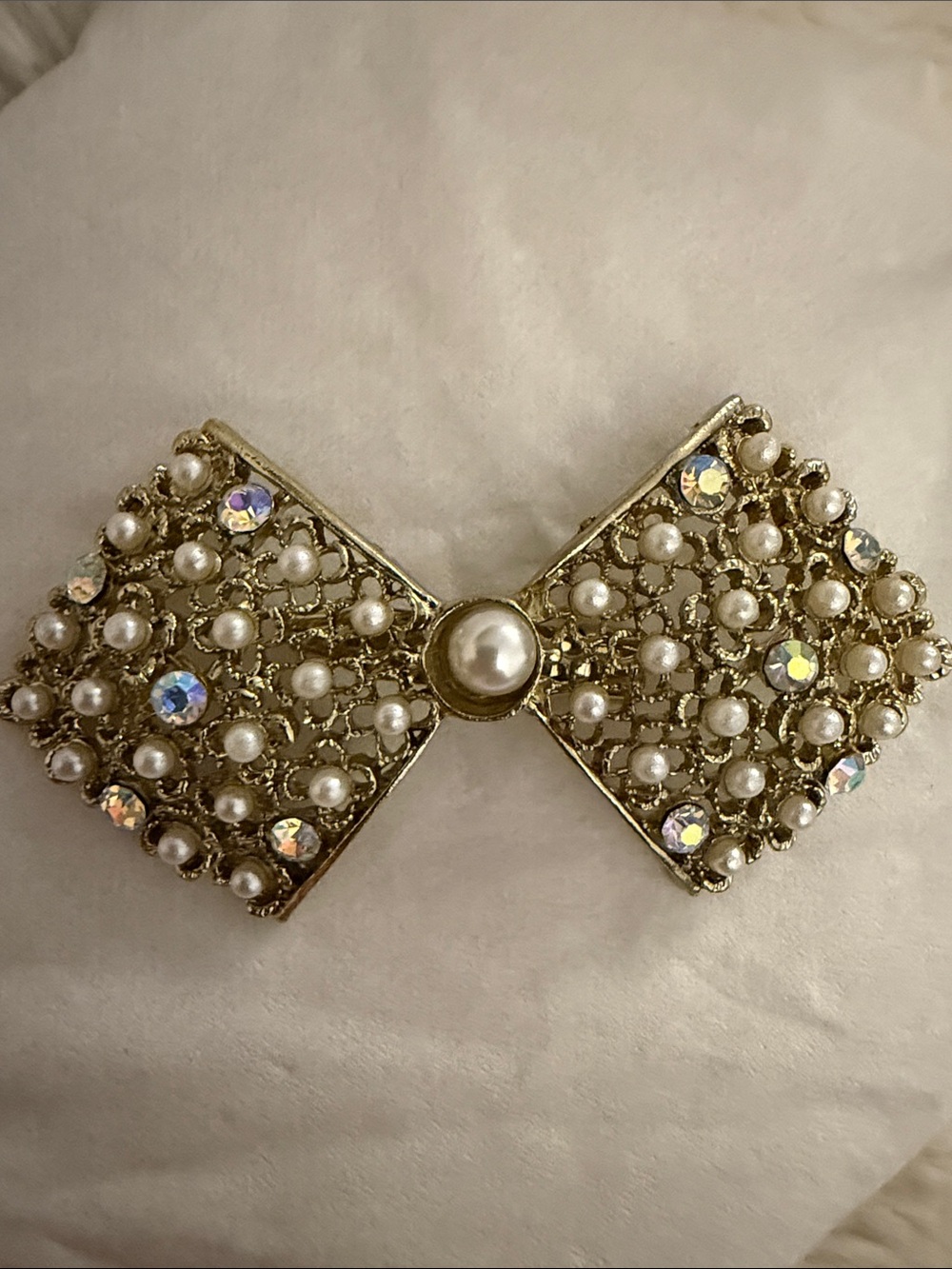Gold-Tone Pearl & Crystal Bow Brooch